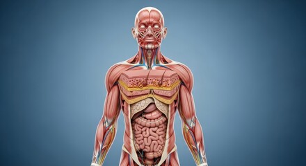 Detailed anatomical illustration of the human body, showcasing muscles, organs, and skeletal structure.