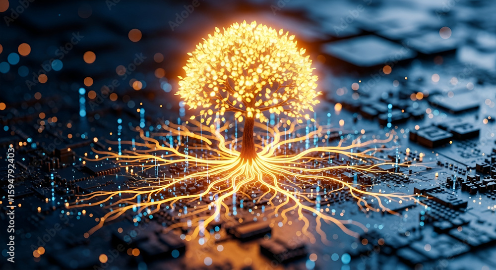 Poster digital tree of life glowing tree with roots on electronic circuit board representing technology and