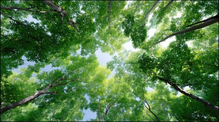 Lush Green Canopy of Trees with Bright Sky Shining Through in Serene Forest Landscape