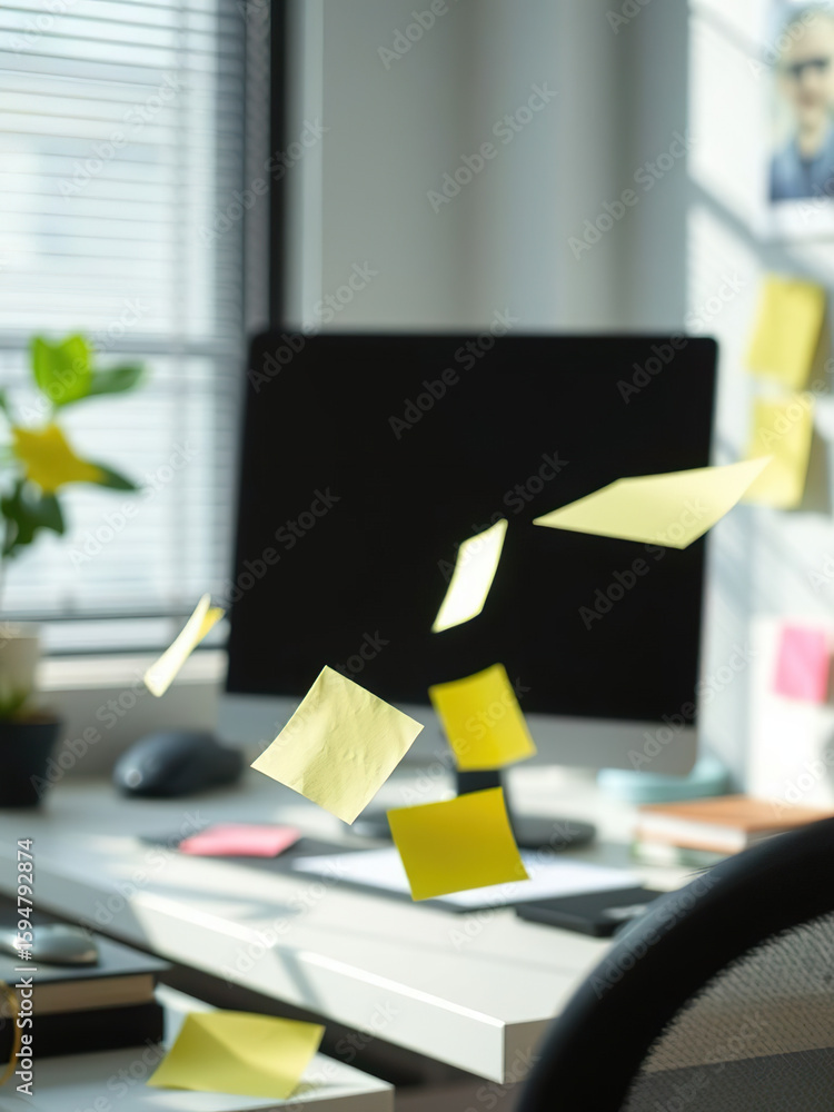 Poster sticky notes flying in bright office with computer on desk, creating dynamic and creative atmosphere