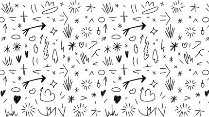 Doodles Seamless Pattern Arrow, Star, Heart, Crown, Cross, Geometric Shapes