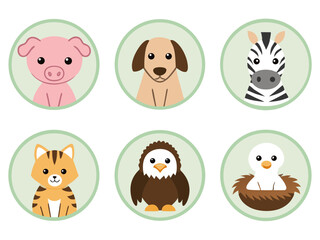 Cute cartoon animal portraits in circular frames