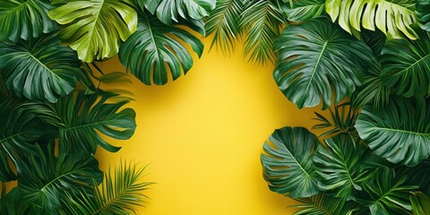 Lush tropical leaves frame a vibrant yellow background for an eye-catching display