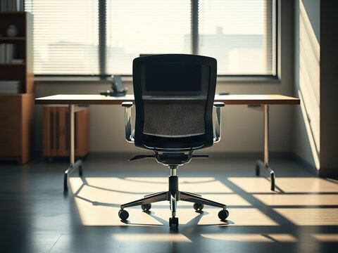 Modern office chair with mesh backrest placed at wooden desk in bright office space with sunlight streaming through blinds