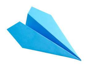 Blue paper airplane soaring through the air