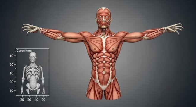 Detailed anatomical model showcasing human musculature and skeletal system. - Powered by Adobe