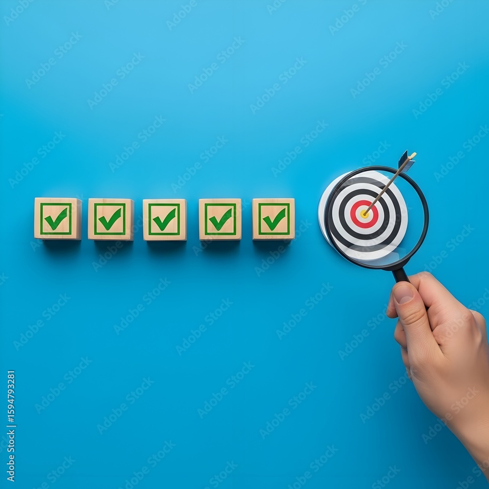 Aufkleber wooden blocks with check marks and target with arrow under magnifying glass on blue background repre