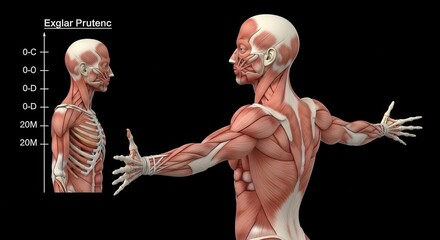Detailed anatomical illustration of human musculature, showing skeletal structure and muscle groups.