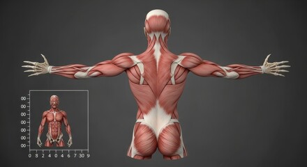 Detailed anatomical illustration of a female muscular system, showcasing back and upper body musculature.