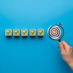 Wooden Blocks with Check Marks and Target with Arrow Under Magnifying Glass on Blue Background Represents Goal Achievement