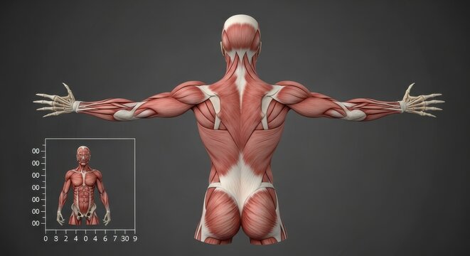 Detailed anatomical illustration of a female muscular system, showcasing back and upper body musculature.