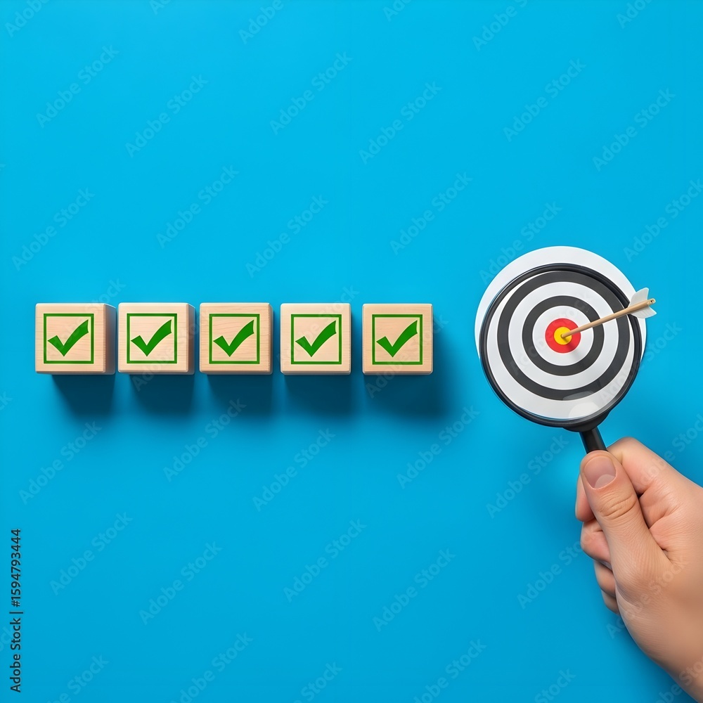 Poster achieving goals and completing tasks successfully represented by checkmarks and a target with an arr
