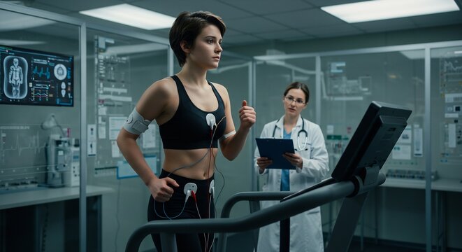 Female Athlete Undergoing Cardiac Stress Test on Treadmill with Doctor Monitoring Vital Signs in Modern Medical Laboratory