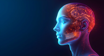 Futuristic 3D-rendered human face illuminated in cyan and dissolving into digital particles—perfect for AI, innovation, and tech-themed vertical compositions.