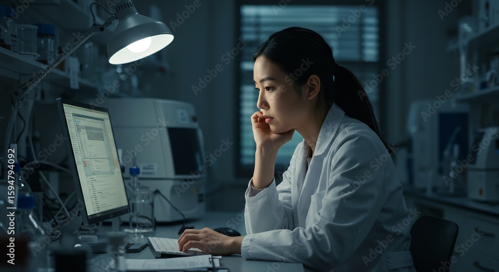 Poster focused female scientist working late at night in a modern laboratory, analyzing data on computer