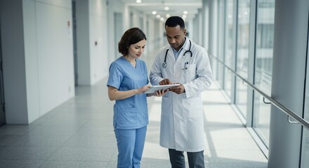 Two Diverse Healthcare Professionals Collaborate Using a Digital Tablet in a Modern Hospital Corridor
