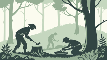 Monochromatic green silhouette illustration of three historical workers in a forest, chopping wood and panning, depicting early pioneering resource extraction.