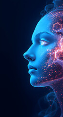 Futuristic 3D-rendered human face illuminated in cyan and dissolving into digital particles—perfect for AI, innovation, and tech-themed vertical compositions.