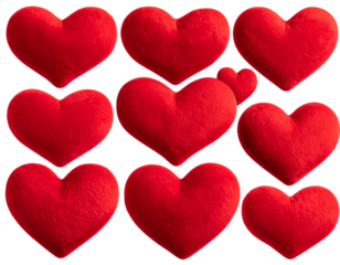 Collection of plush red hearts on a Transparent Background