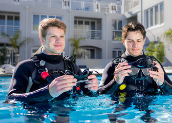 Two scuba divers in a pool at a dive resort are rinsing their scuba masks in the water, wearing full wetsuits and gear.