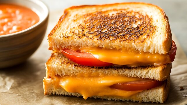 Golden Grilled Cheese Sandwich with Tomato Slices and Side of Soup - Powered by Adobe