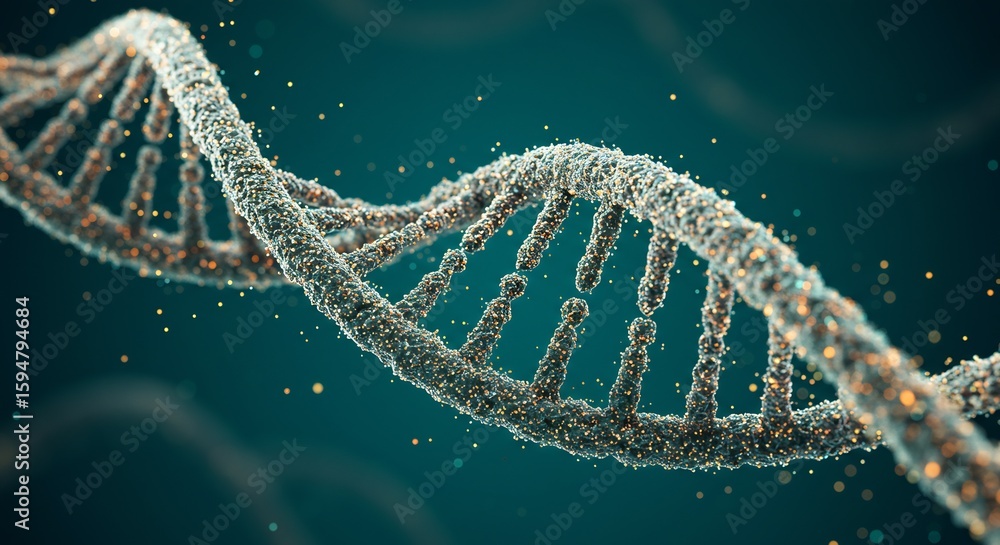 Poster microscopic 3d rendering of dna double helix structure with glowing particles, genetic code, scienti