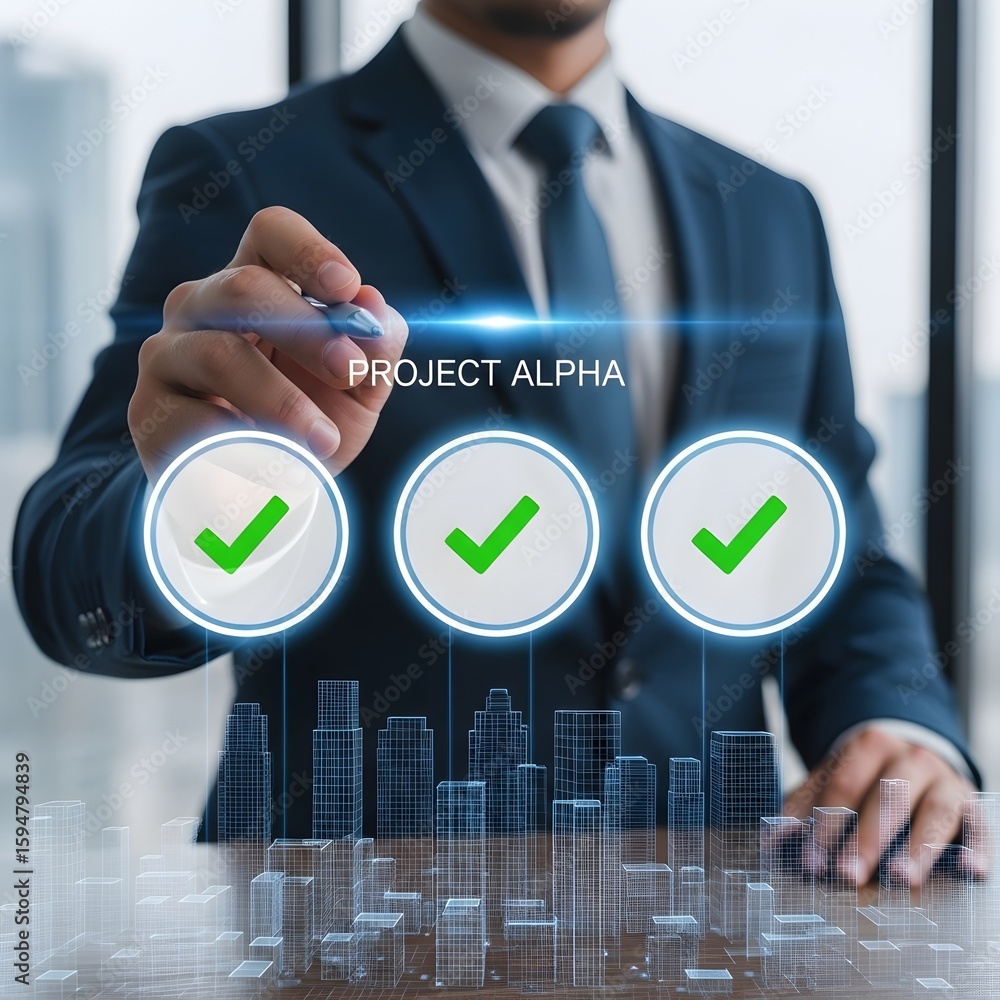 Poster businessman completing project alpha with checkmarks above cityscape representing success and achiev