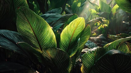 Bright tropical leaves glow under morning sunlight with visible veins and rich green tones, capturing a lush and vibrant garden scene.