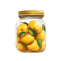 Jar of Pickled Lemons with Fresh Green Leaves, Bright and Colorful Home Preserving Display on transparent background