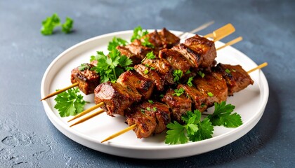 Fototapeta premium Delicious Grilled Beef Kebabs with Parsley Garnish on White Plate.