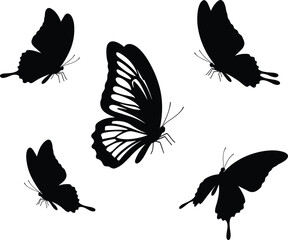 Five black butterfly silhouettes in different flying positions, insect vector illustration, natural wing shape, artistic flight pattern design