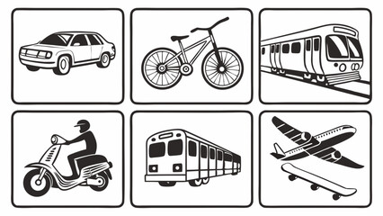 Black and white vector line art illustrations of various transportation modes car bicycle train scooter subway airplane and skateboard icons