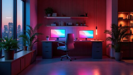 Modern Home Office Interior with Dual Monitors Plants and City View