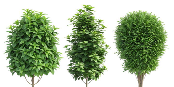 Three green ornamental trees in conical and oval shapes isolated on transparent background