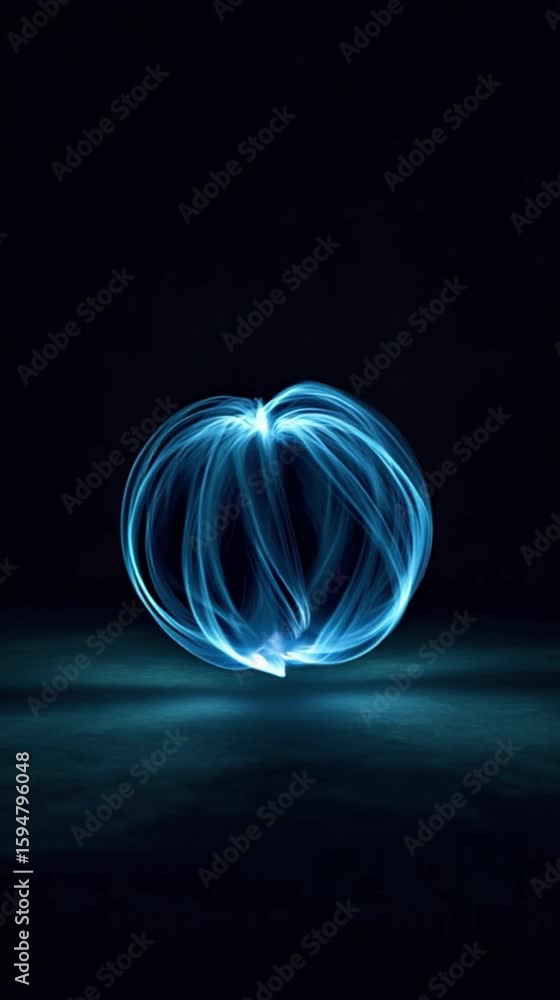 Poster glowing blue energy orb in dark space mystical and futuristic atmosphere with swirling light trails 