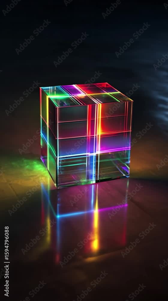 Poster mesmerizing holographic rainbow cube vibrant colors and light reflections on transparent surface, bl