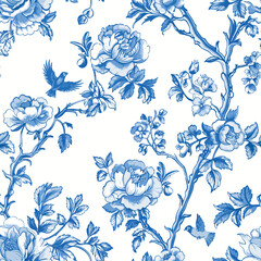 Floral Blue Chinoiserie. Toile De Jouy Vintage Seamless Pattern 09 Elegant Vector Graphics. Featuring delicate florals, graceful birds, and romantic motifs, this seamless pattern is crafted to perfect