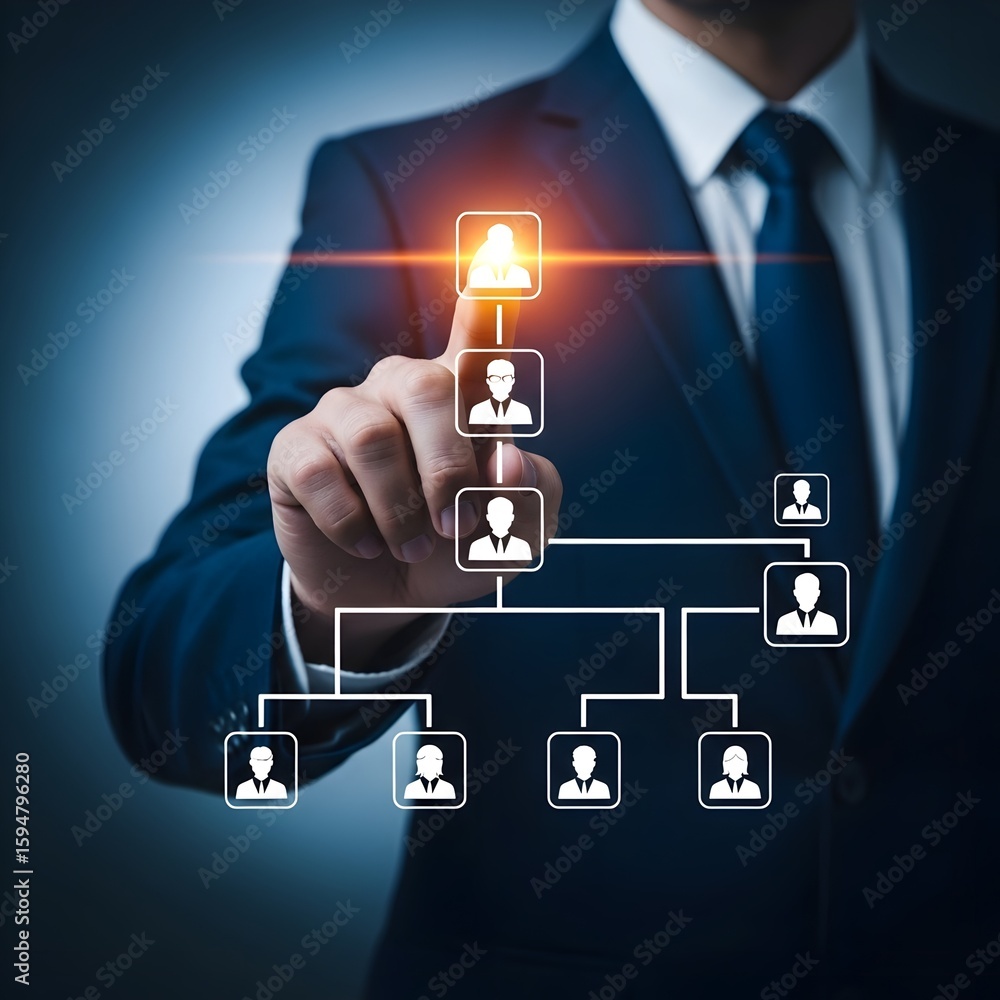 Poster businessman navigating organizational structure with touchscreen interface demonstrating hierarchy a