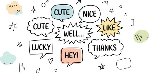 Fototapeta premium Hand Drawn Speech Bubbles with Cute, Nice, Well, Thanks, Hey! on White Background