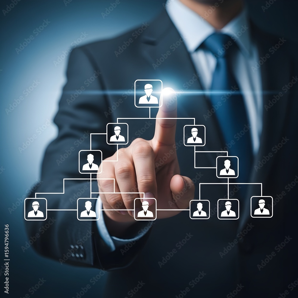 Poster businessman touching organization chart on virtual screen representing corporate hierarchy and struc