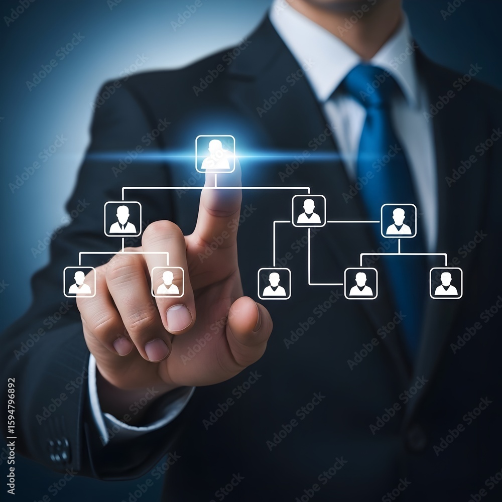 Poster businessman interacting with a digital organizational chart displaying hierarchy and team structure 