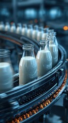 Bottles of milk moving along a conveyor belt in a dairy processing facility during daytime