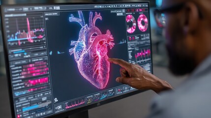 Cardiologist uses high-tech heart analysis display to study patient metrics, visualizing AI in medical research, digital health diagnostics, and precision medicine.