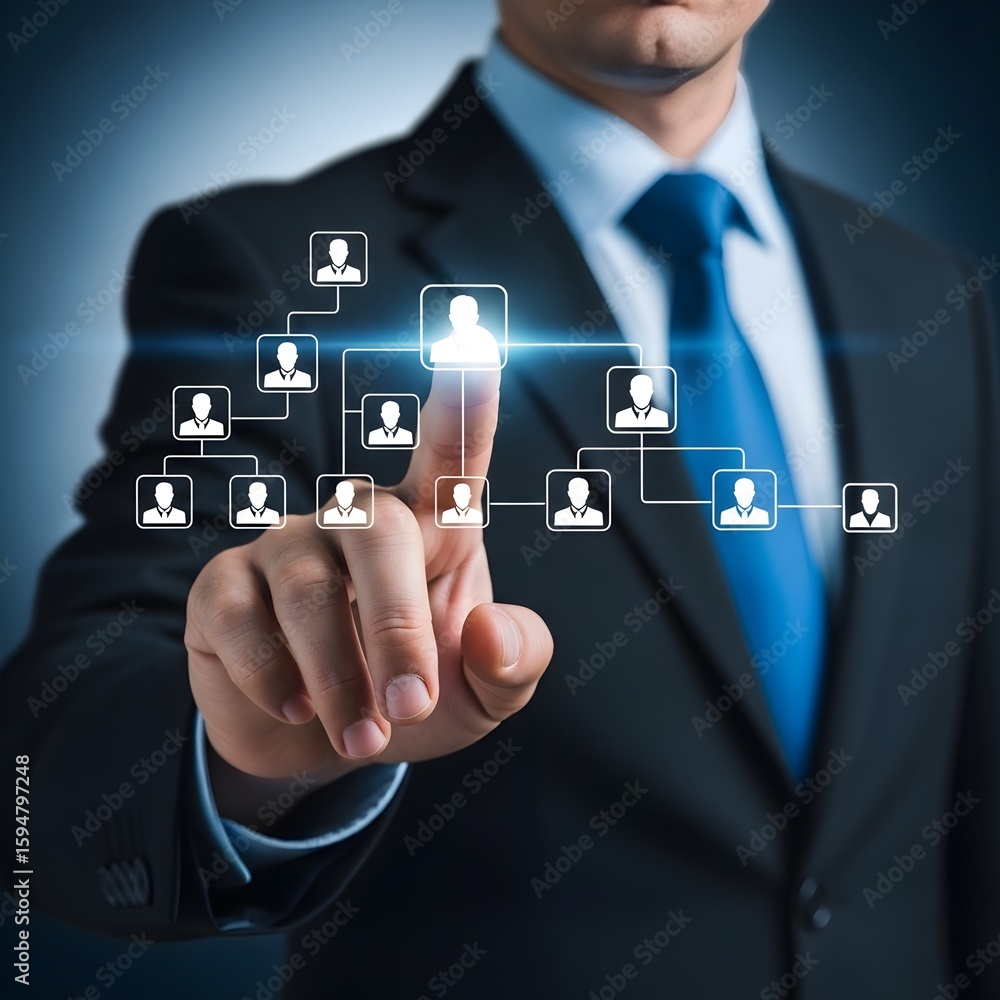 Poster businessman touching virtual organizational chart displaying hierarchy and leadership structure on d