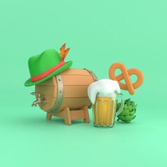 Oktoberfest 3D concept. Beer barrel with tap and Bavarian hat, glass with beer, cracker and hops. Folk beer festival. 3D rendering.