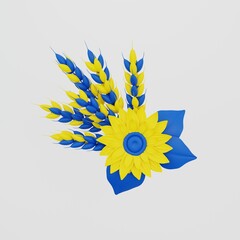 3D concept for Independence Day of Ukraine. Bouquet of sunflowers and wheat ears in traditional blue and yellow colors. Holiday in Ukraine on August 24. 3D rendering.