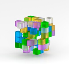 Obraz premium Futuristic multicolored glass cube. Abstract dynamics of movement. Surreal composition. 3D rendering. 