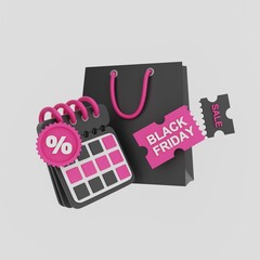 3D Sale Concept. Gift Bag for Shopping, calendar with Sale Days, Discount Coupon. Black Friday. Special Offer. 3D Rendering.