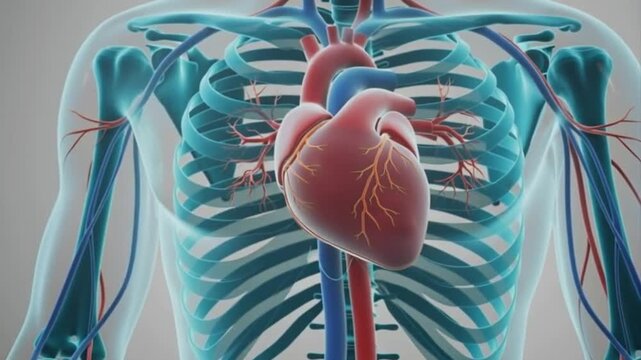 3D Medical Animation of Human Chest Showing Beating Heart and Cardiovascular System. Translucent Body with Arteries and Veins for Blood Pressure and Heart Health Visualization.