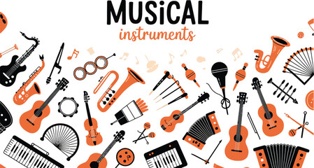 Musical instruments guitar, piano, trumpet, violin, drum, accordion in orange & black